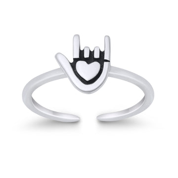 I Love You Sign Toe Ring Adjustable Band 925 Sterling Silver (7mm)